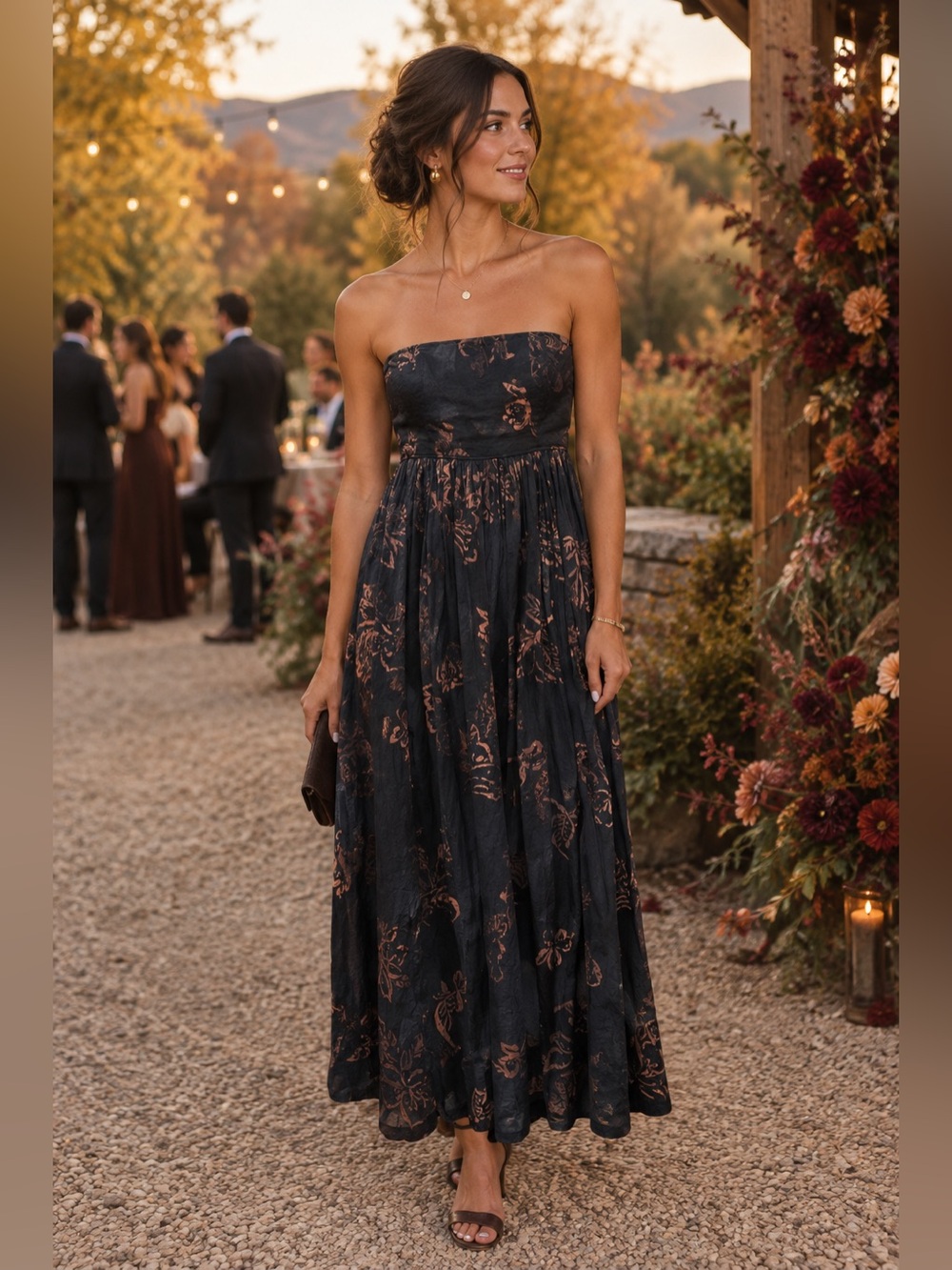 Free People Baja Babe Strapless Black Floral Midi Dress Sz M